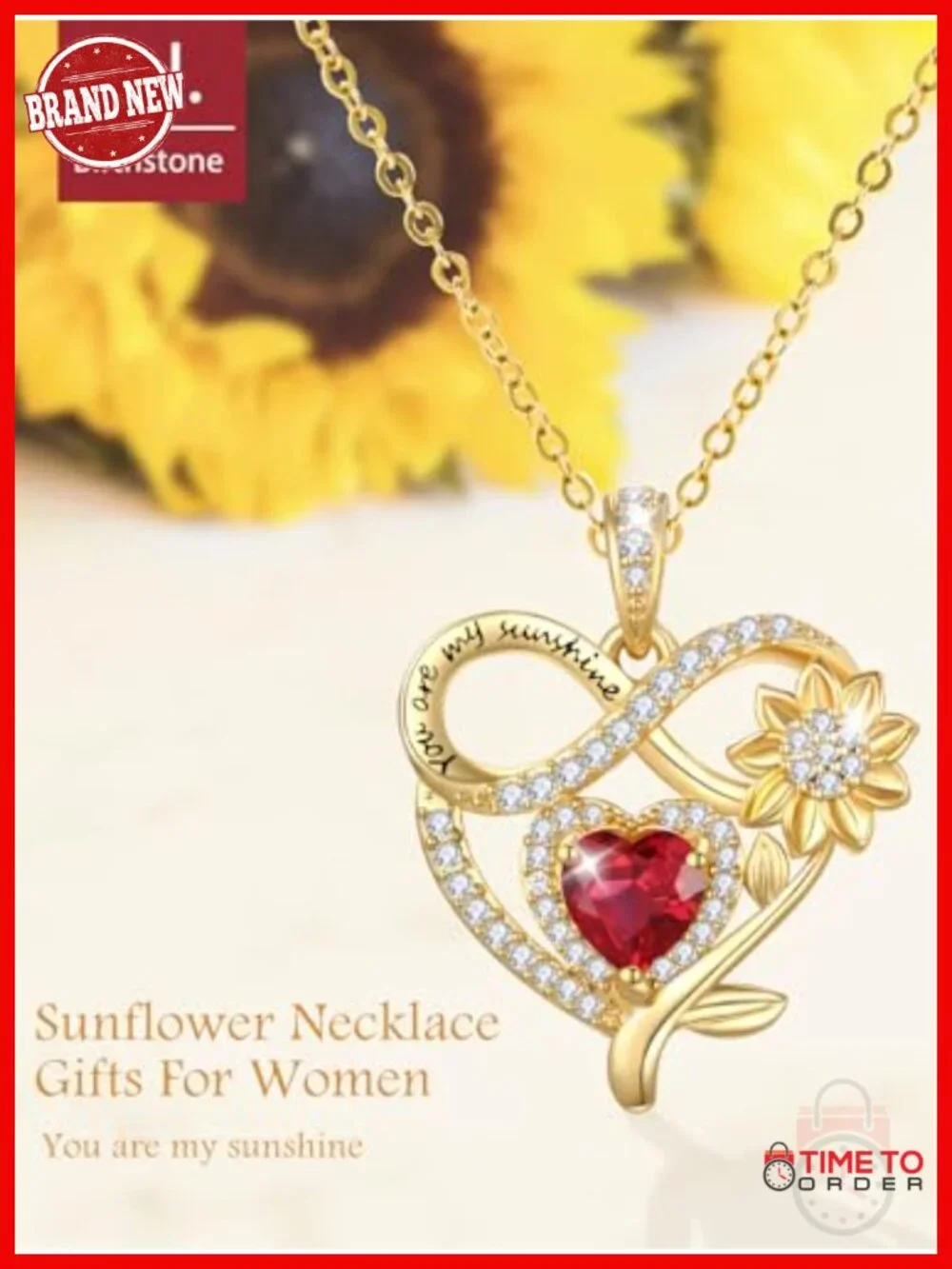 14K Gold Plated Sunflower Heart Birthstone Pendant Necklace